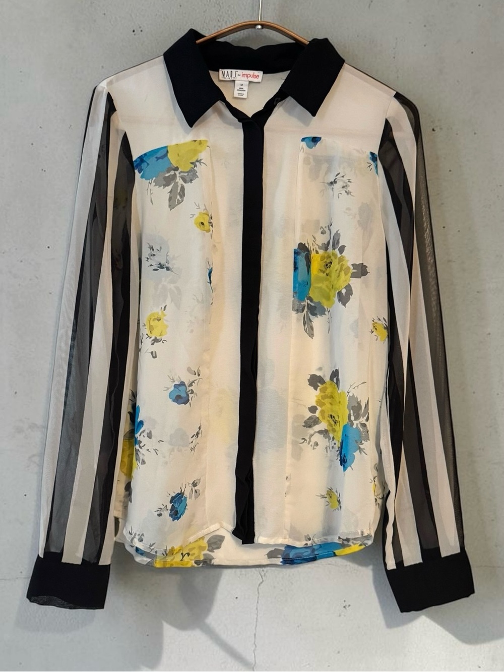 Floral Sheer Long-Sleeve Blouse in Cream with Blue & Yellow
